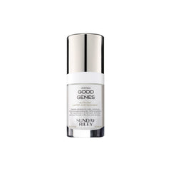 Sunday Riley Good Genes bottle close-up highlighting branding and lactic acid treatment for radiant skin.