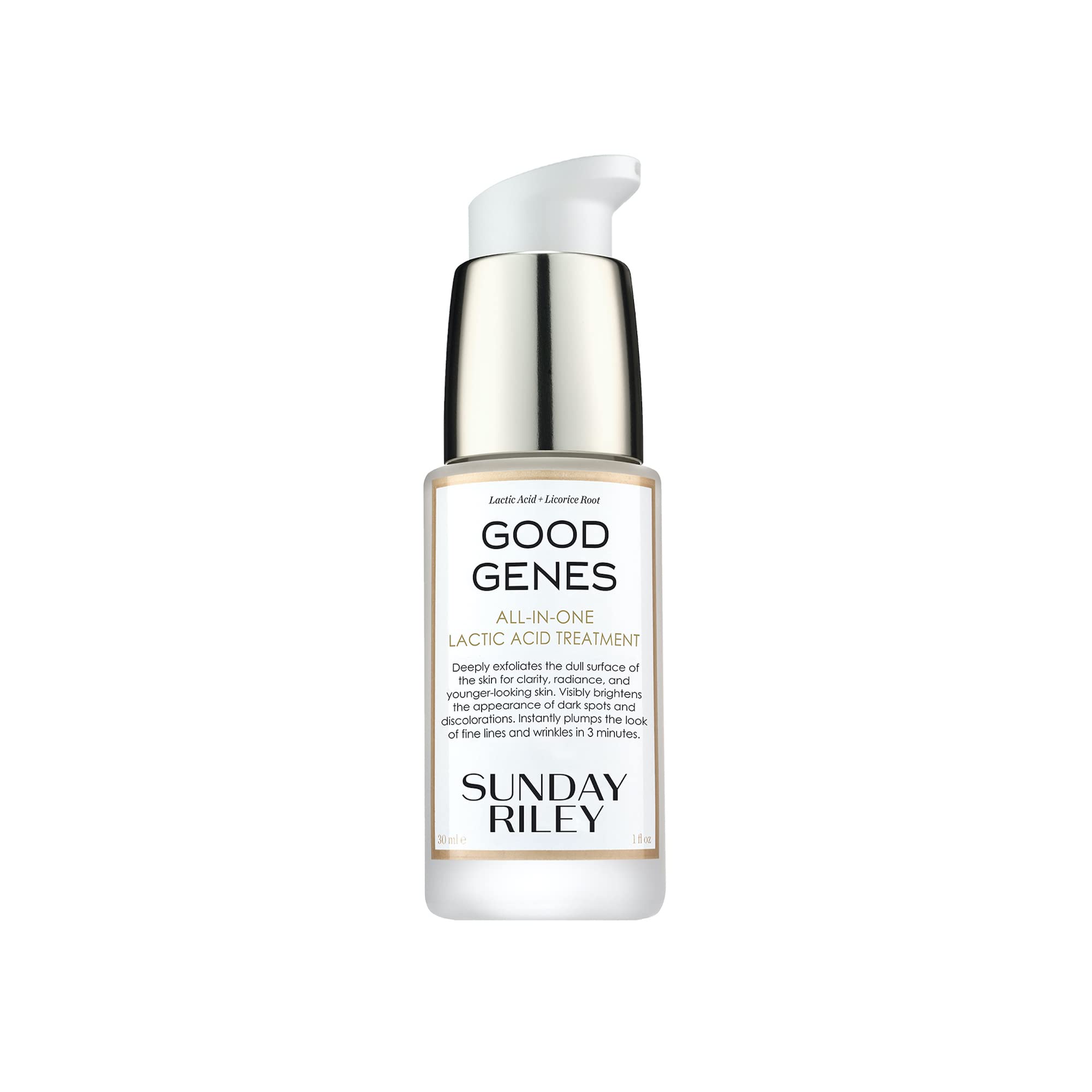Sunday Riley Good Genes serum bottle close-up showing radiant, even-toned skin potential