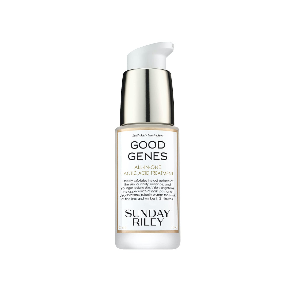 Sunday Riley Good Genes serum bottle close-up showing radiant, even-toned skin potential