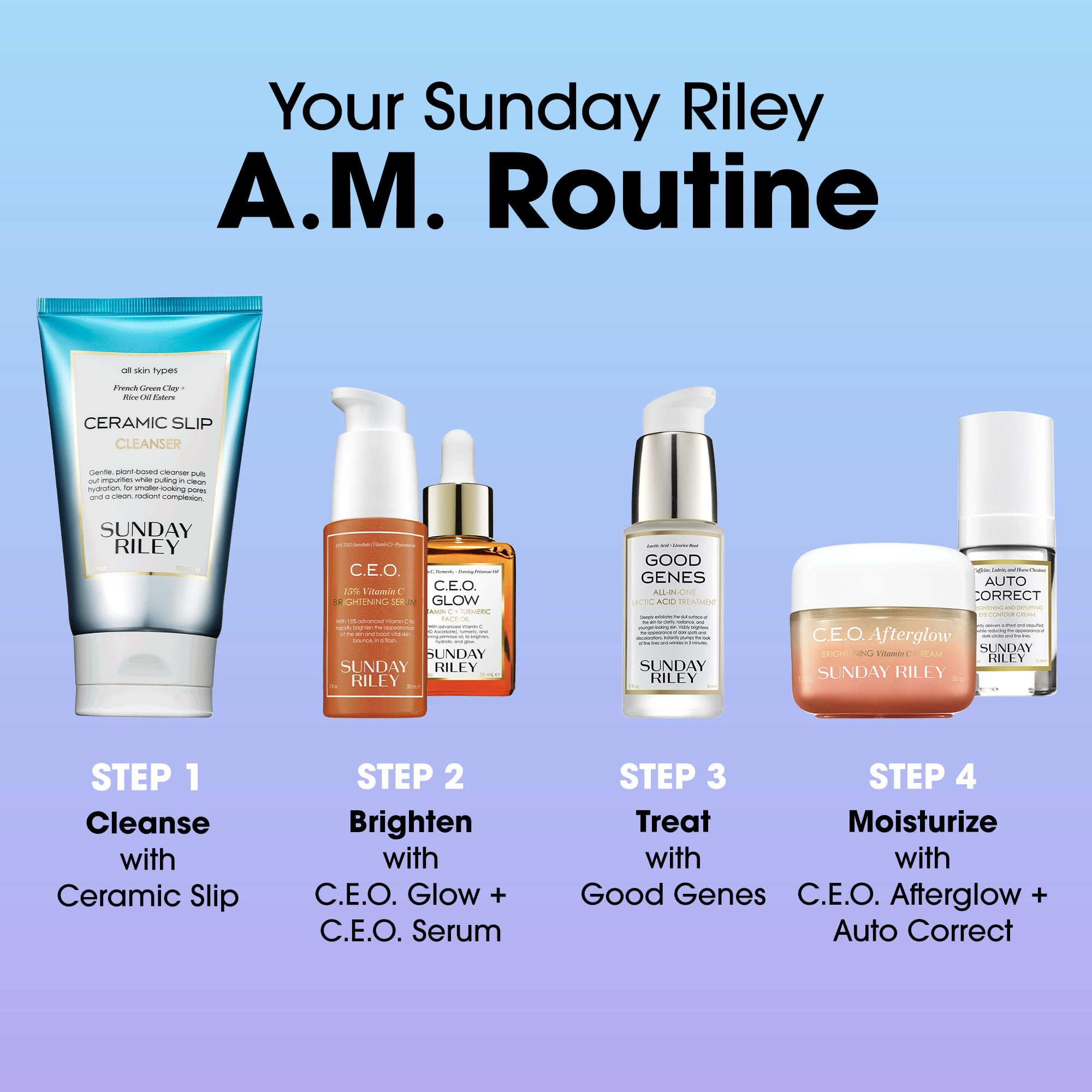 Morning routine shot featuring Good Genes serum for even tone