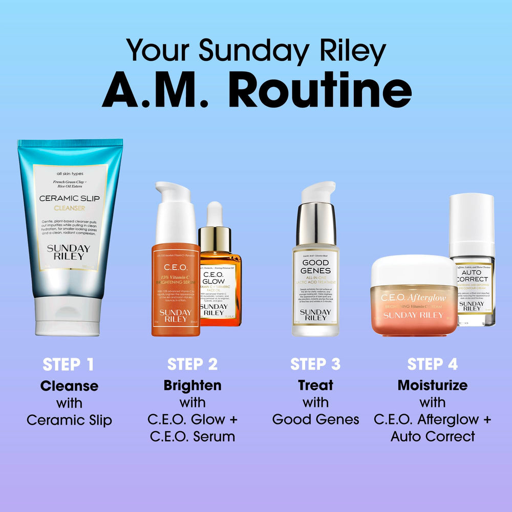 Morning routine shot featuring Good Genes serum for even tone