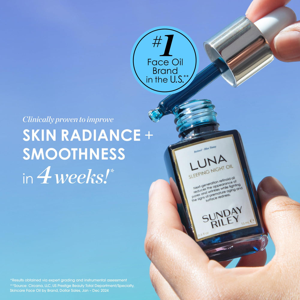 Sunday Riley Luna oil texture close-up highlighting silky finish and soothing blend.