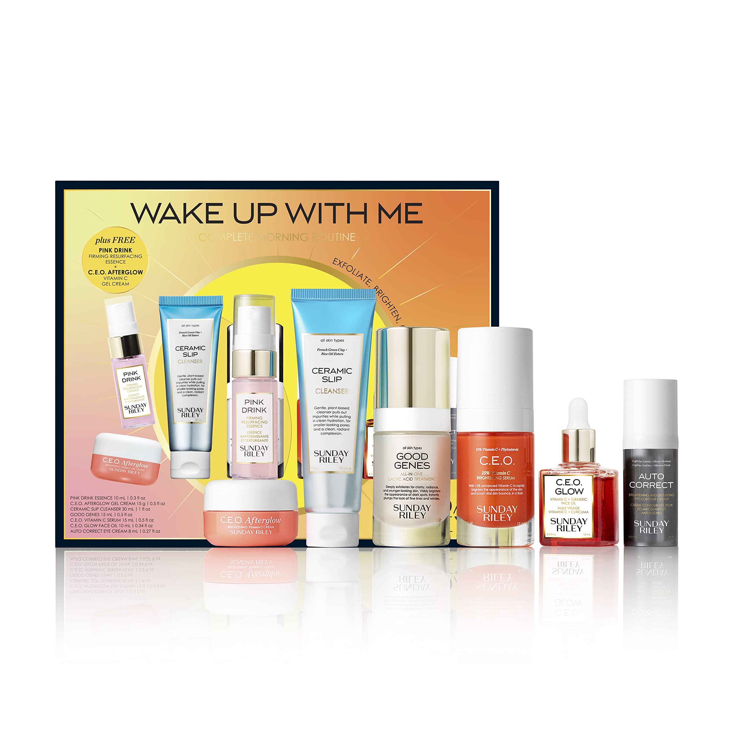 Sunday Riley Wake Up With Me bottle close-up for brightening morning skincare.