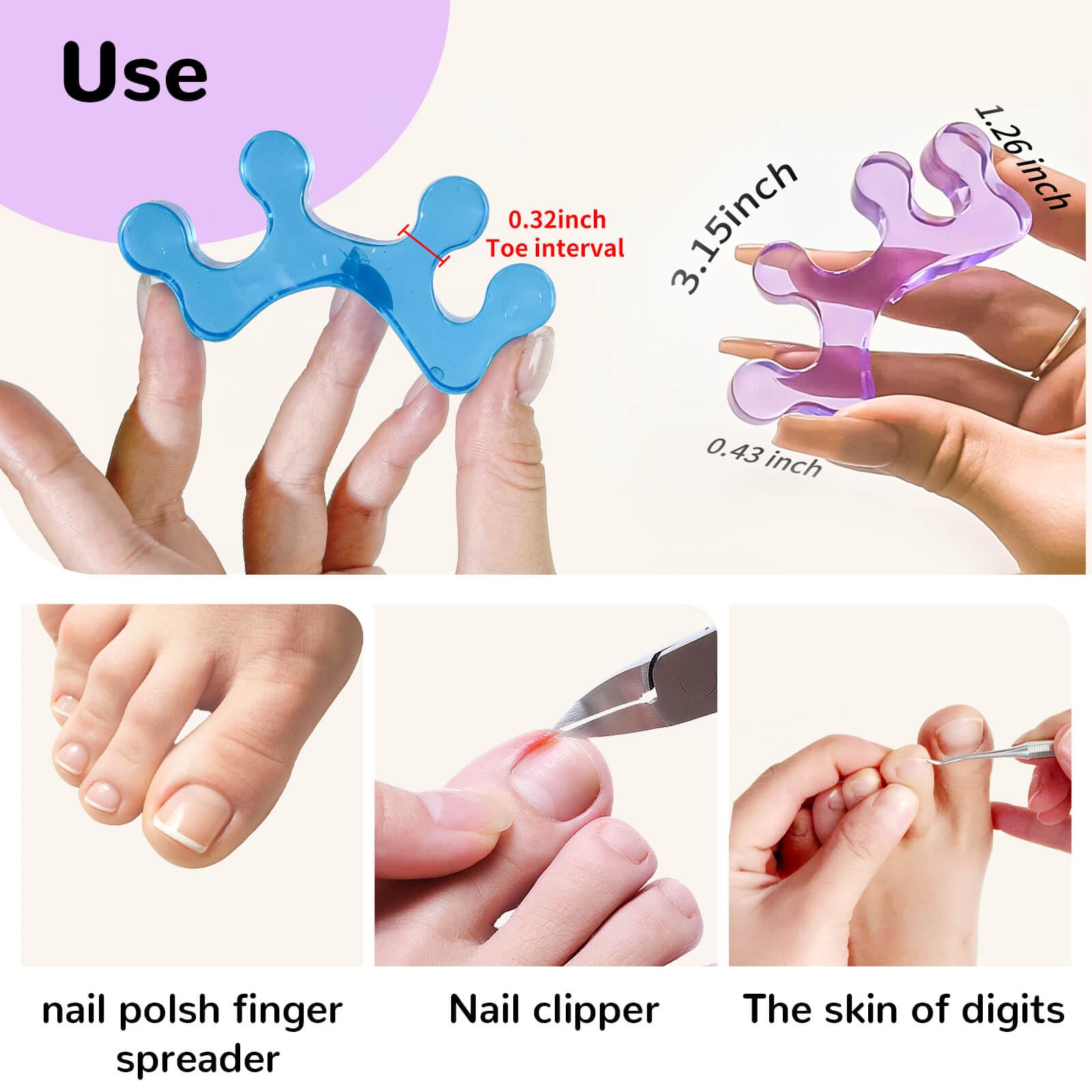 SUNFATT ergonomic toe spacers fit toes smoothly for grooming.