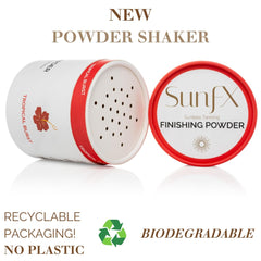 SunFX Post Spray Tan Finishing Powder tropical-burst compact jar for sheer bronze finish.