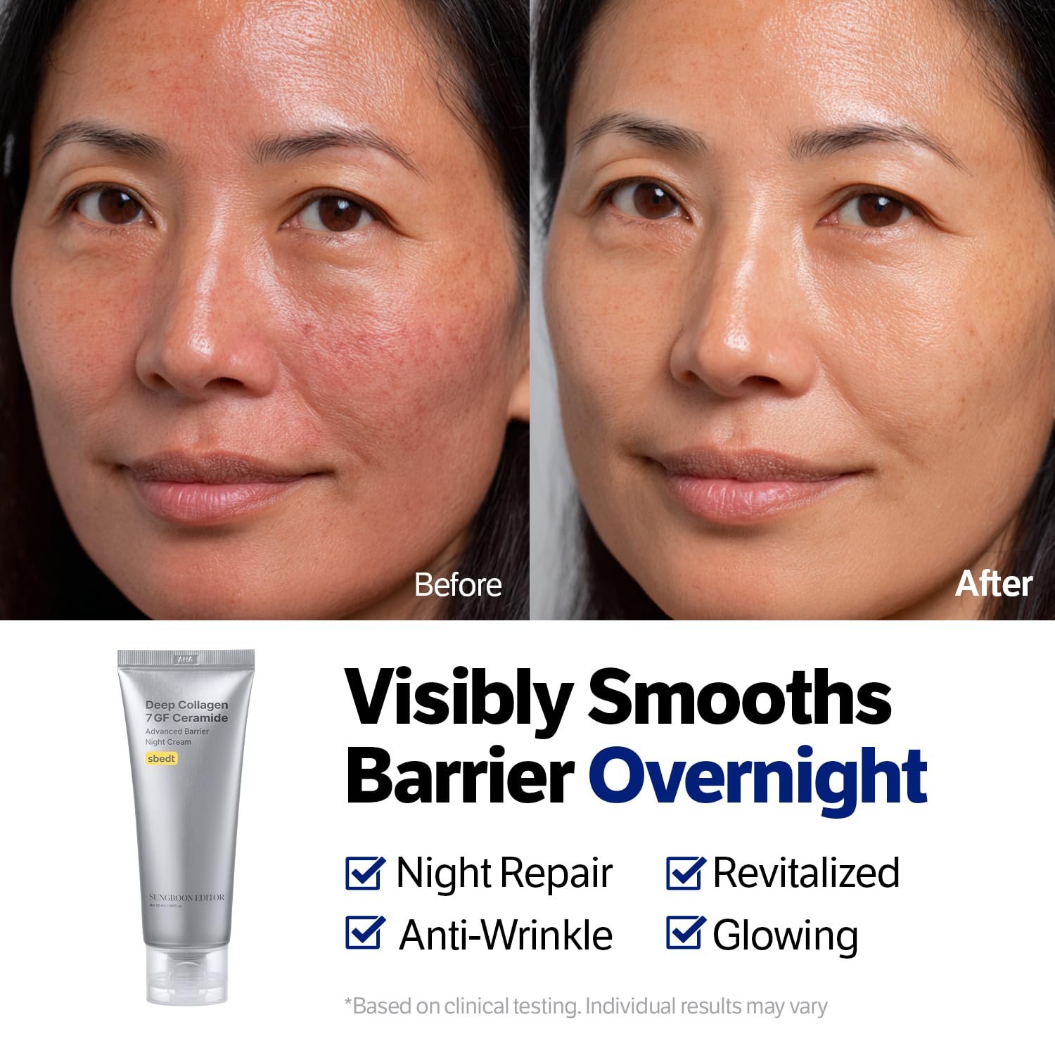 SUNGBOON EDITOR Deep Collagen 7GF night cream ingredients panel highlights ceramides and retinol benefits.