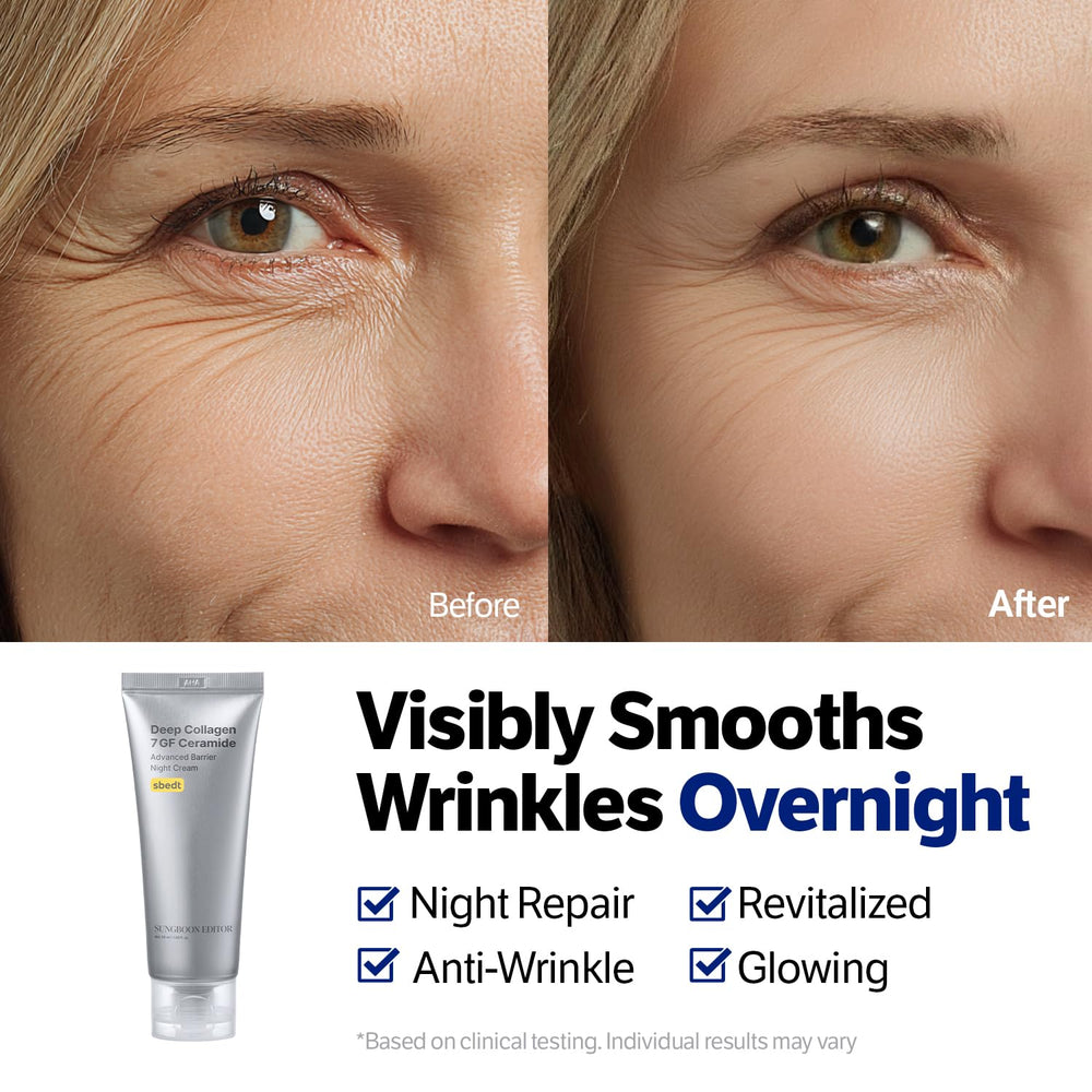 SUNGBOON EDITOR Deep Collagen 7GF night cream jar shows a silky, fast-absorbing texture.