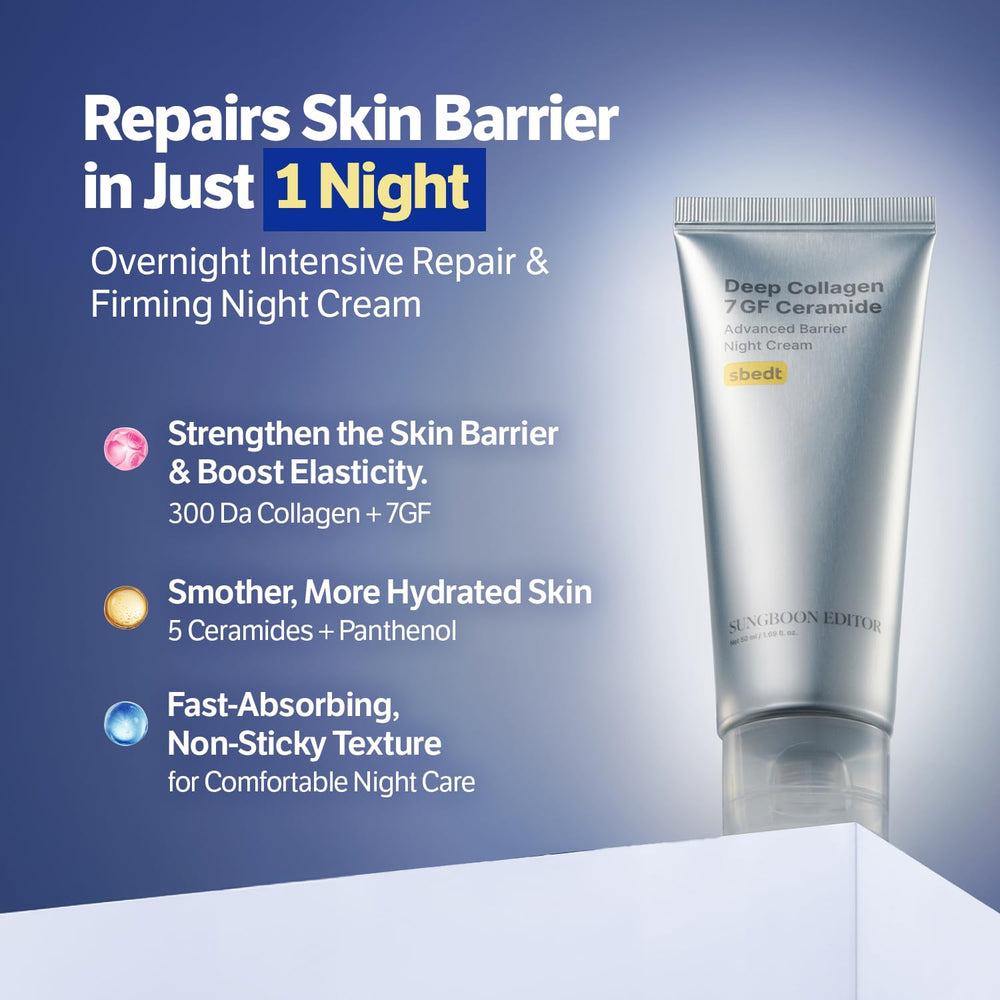 SUNGBOON EDITOR Deep Collagen 7GF night cream retinol icon signifies nighttime renewal.