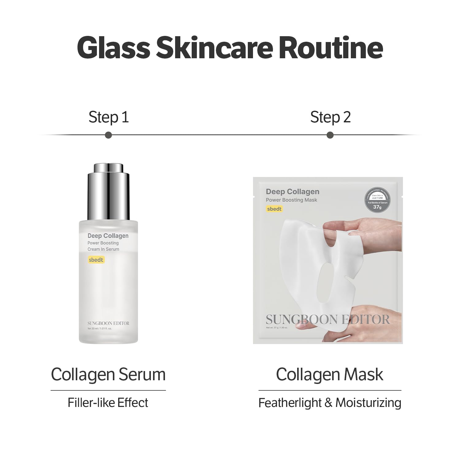 SUNGBOON EDITOR serum bottle closeup emphasizes lightweight hydration from low-molecular-weight collagen.