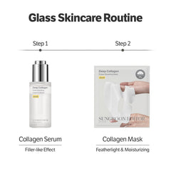 SUNGBOON EDITOR serum bottle closeup emphasizes lightweight hydration from low-molecular-weight collagen.