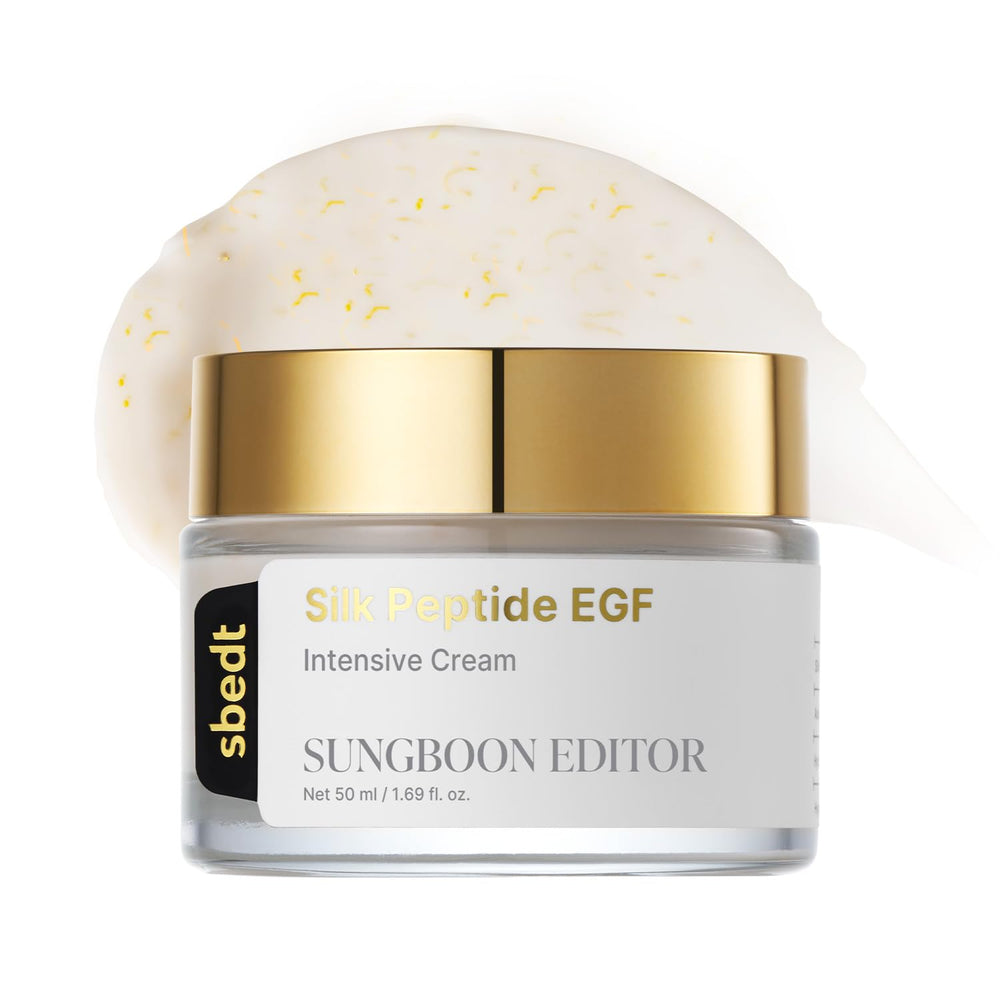 SUNGBOON EDITOR Silk Peptide EGF Cream bottle close-up highlights deep hydration