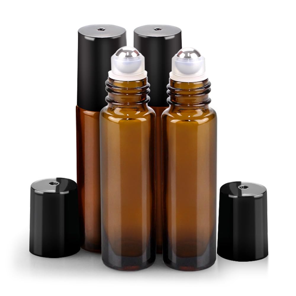 Sungwoo 4-pack amber roller bottles, compact travel kit for on-the-go blends.