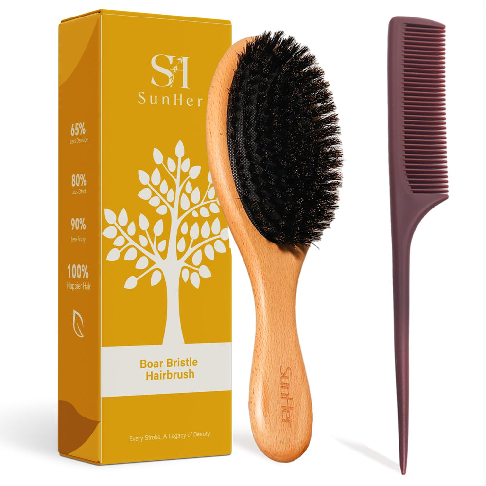 SunHer Boar Bristle Brush close-up shows soft bristles for gentle styling.
