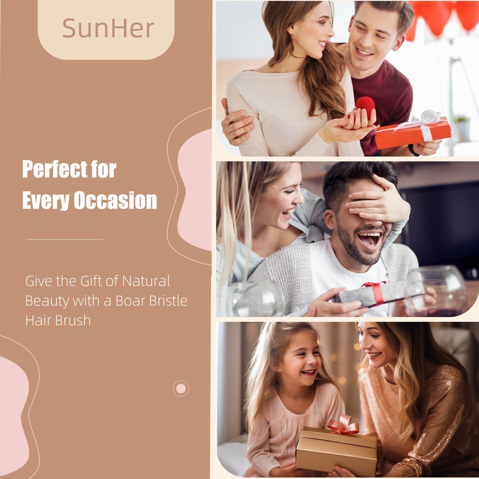SunHer brush shown on various hair types for smoothing and shine.