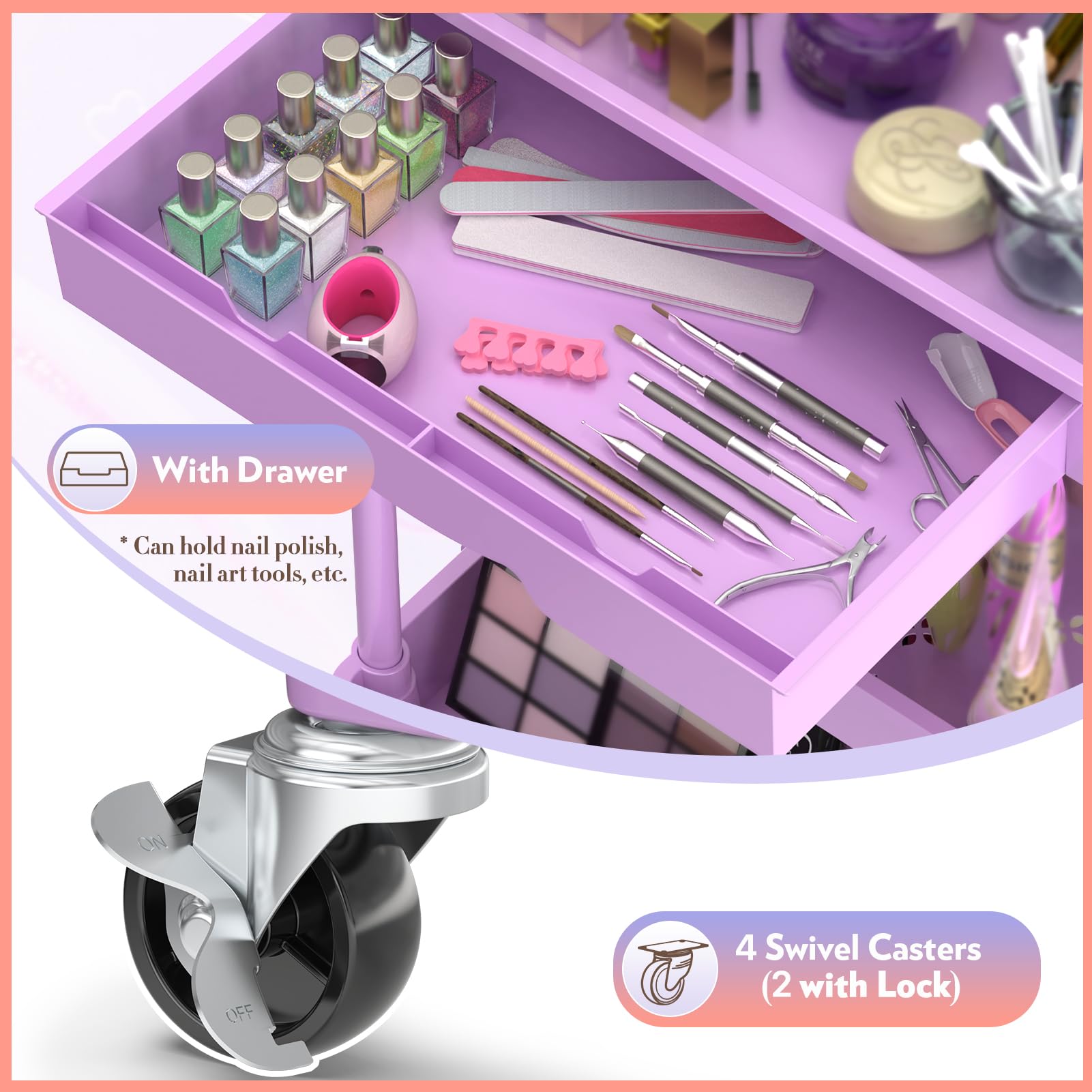 SUNALLY makeup cart lockable brakes secure the unit during use.