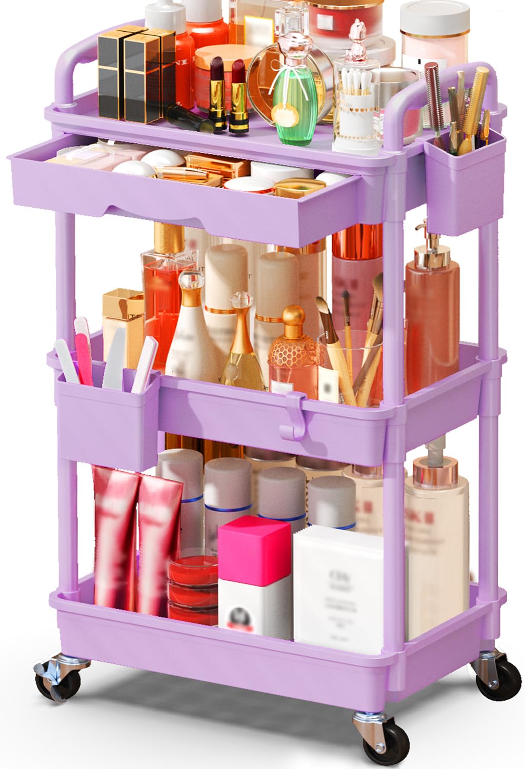 SUNALLY makeup cart organizer drawers hold lipsticks and brushes within easy reach.