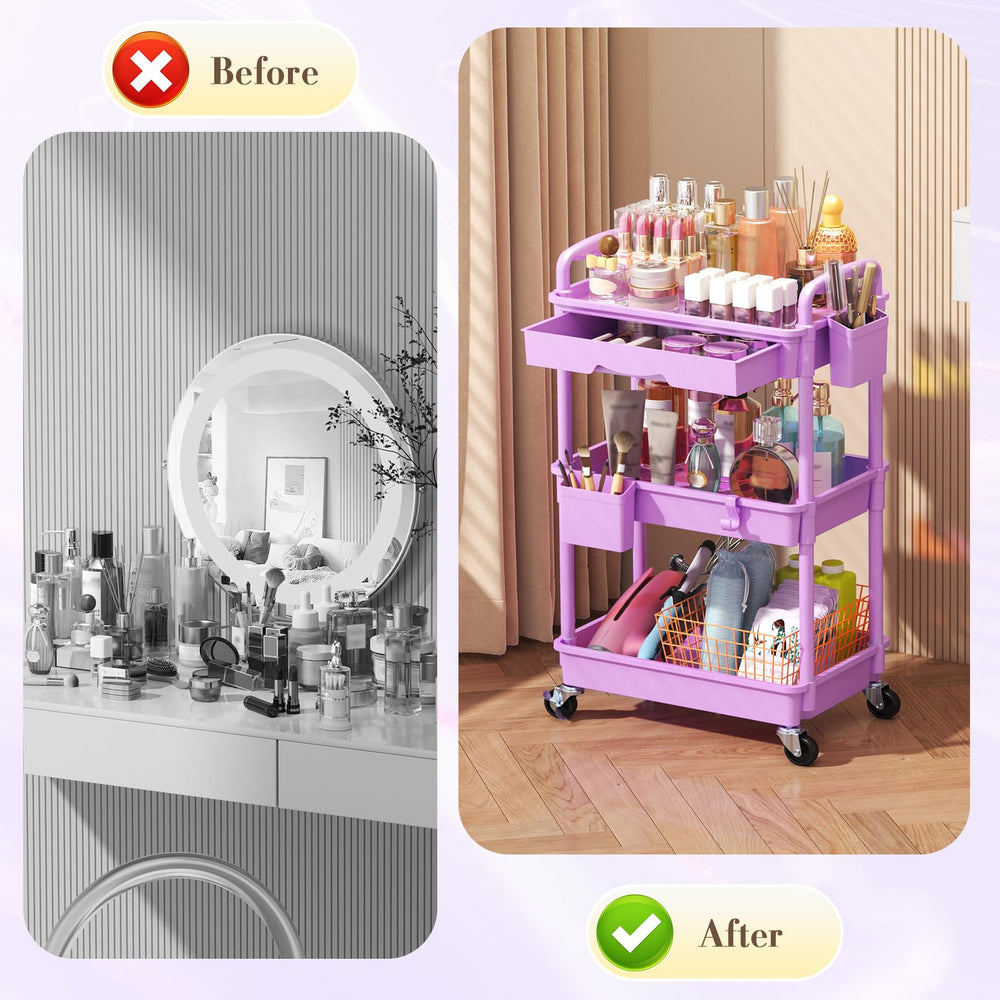 SUNALLY storage shelves display skincare, palettes, and perfumes neatly.