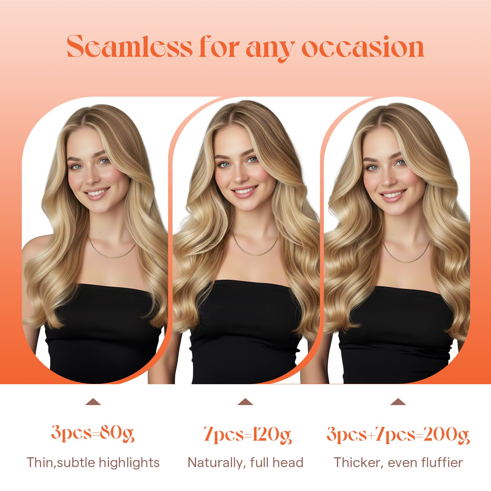 Sunny Hair 14-inch clip-in extensions set shown for natural head coverage.