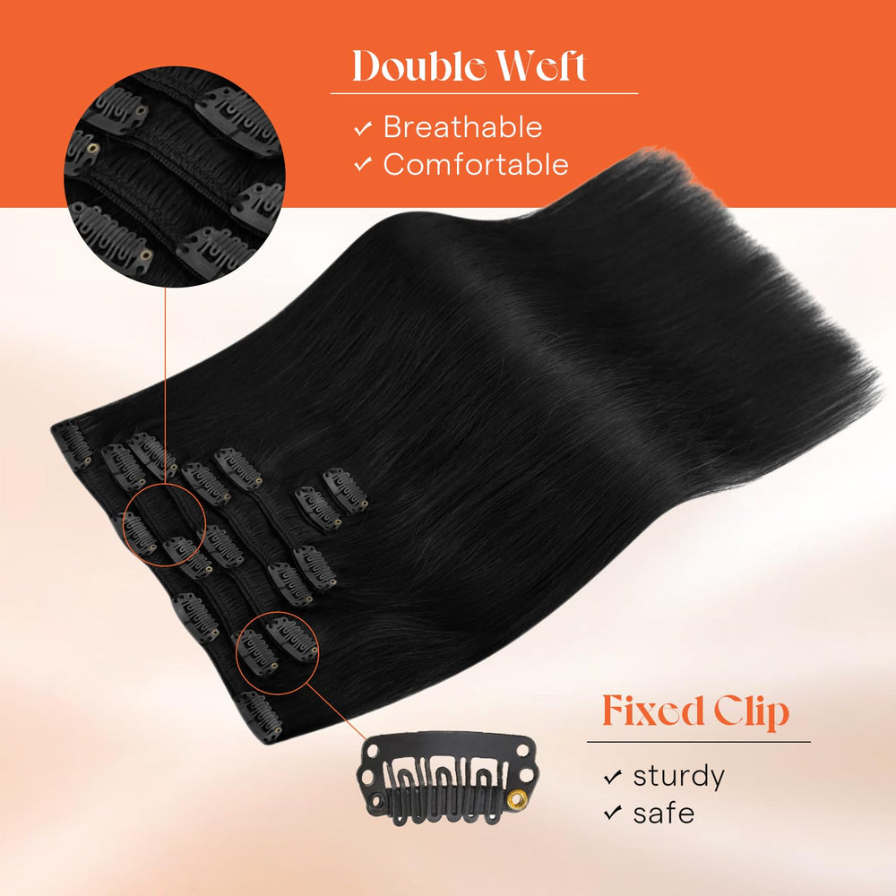 Sunny Hair double-layer weft and lightweight clips for comfort.