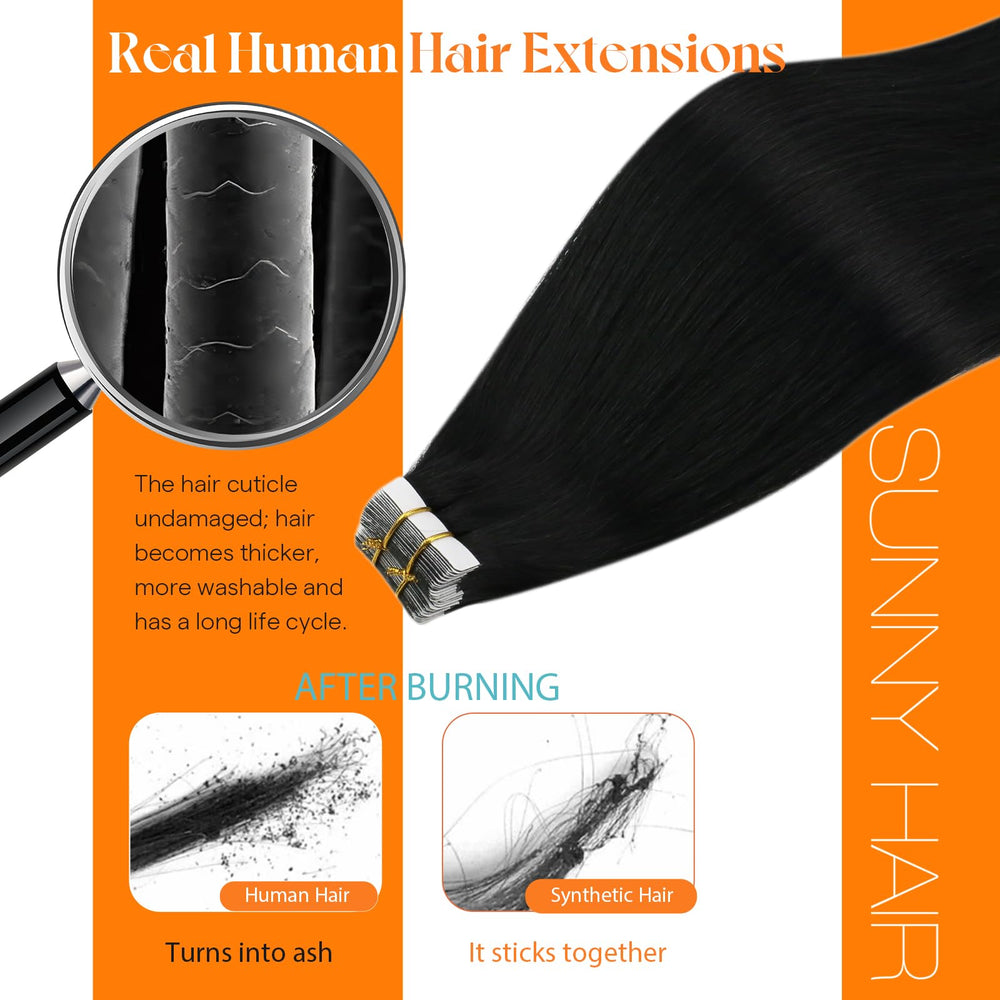 Sunny Hair reusable tape-in tips graphic demonstrates extended wear with replacement tape