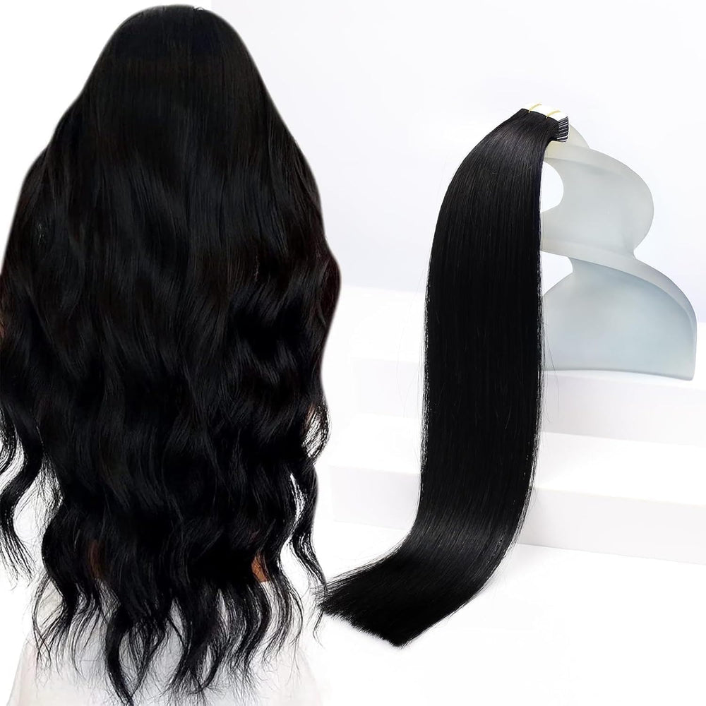 Sunny Hair tape-in extensions 22inch jet black close-up showing natural blend