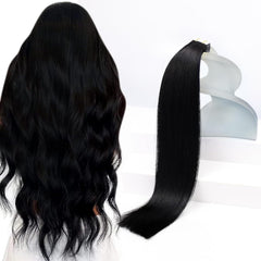 Sunny Hair tape-in extensions 22inch jet black close-up showing natural blend