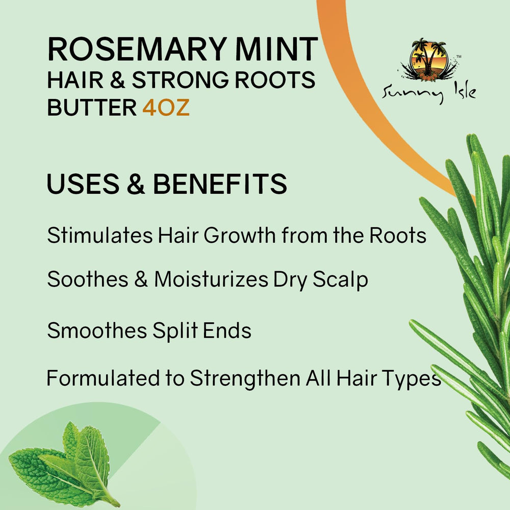 Sunny Isle Rosemary Mint ingredients with Jamaican Black Castor Oil for scalp conditioning.