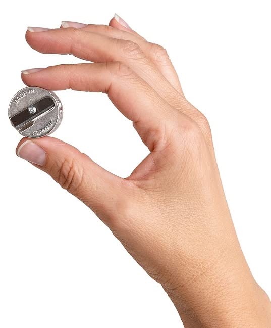 Sun's Out Beauty sharpener side profile showing two-size openings for chubby pencils