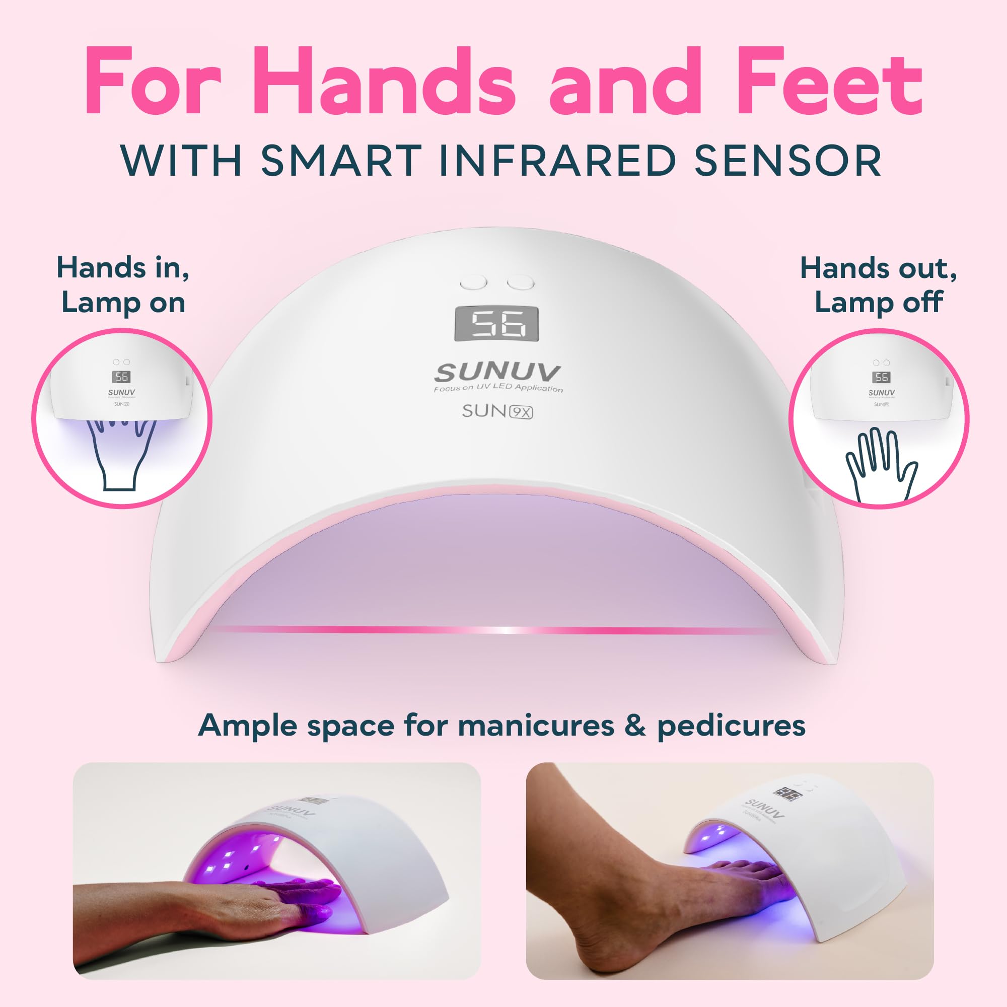 SUNUV SUN9X Plus pink nail lamp is lightweight and portable for home use.