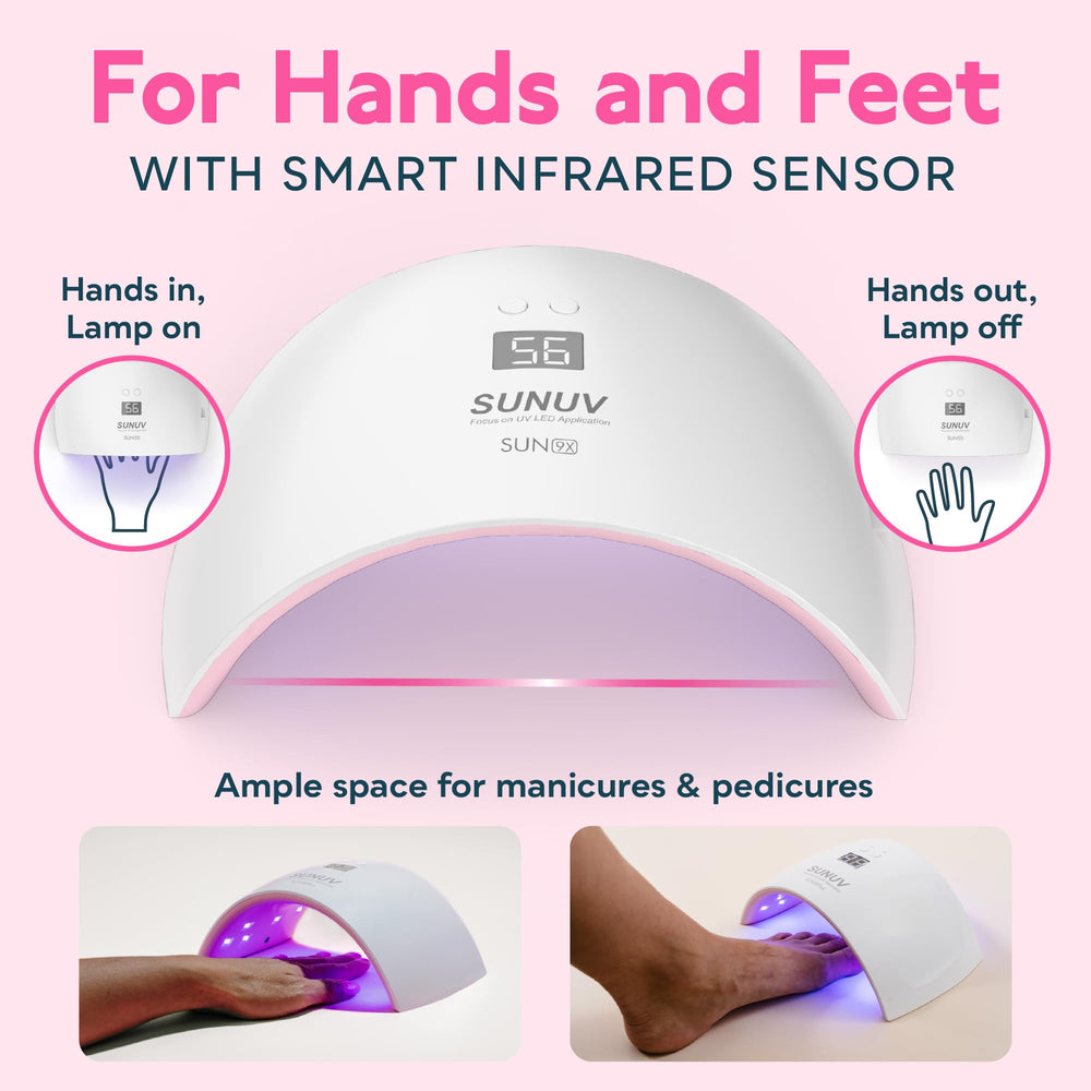 SUNUV SUN9X Plus pink nail lamp is lightweight and portable for home use.