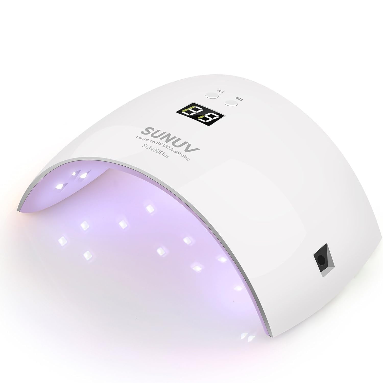 SUNUV SUN9X Plus pink nail lamp front view with sensor and display for precise timing.