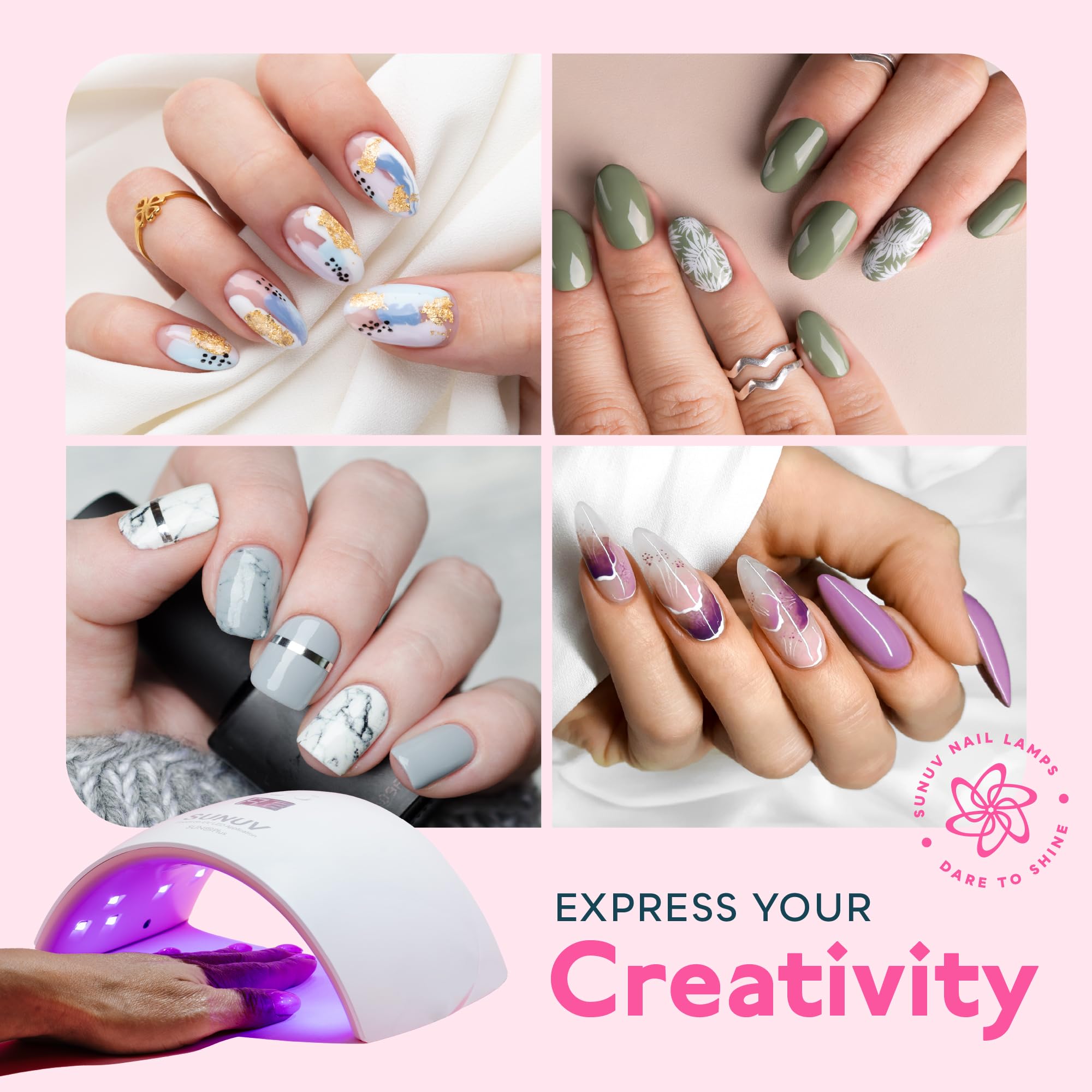 SUNUV SUN9X Plus pink nail lamp side view highlighting compact profile for small spaces.