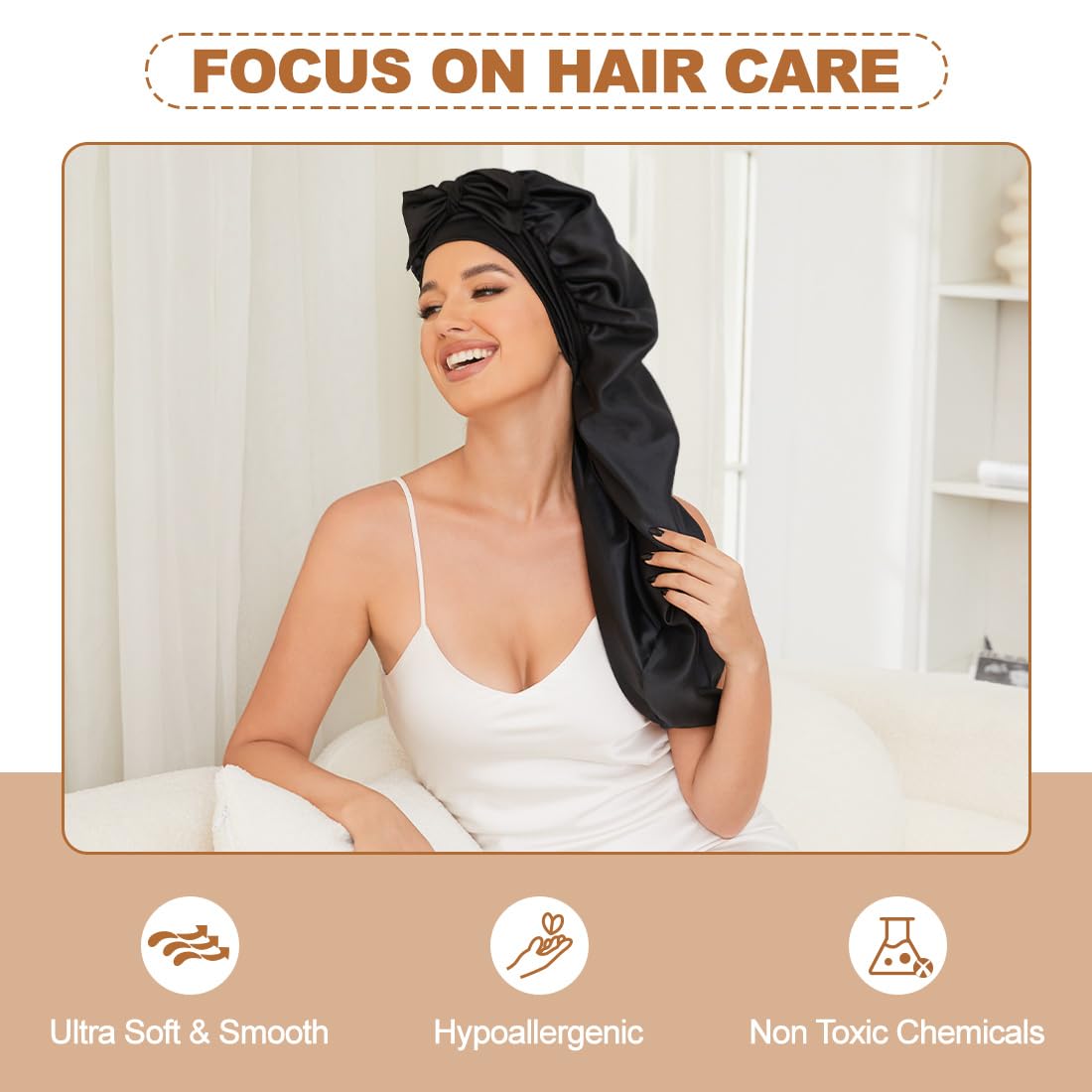 Supaze satin bonnet on pillow highlights colorfast fabric and bed protection