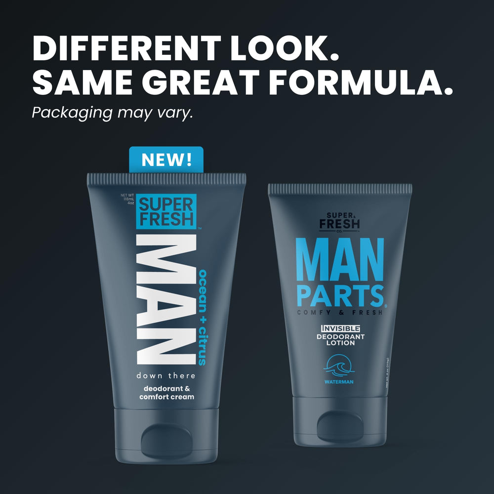 Aplicación suave de Super & Fresh Co. en la piel masculina.