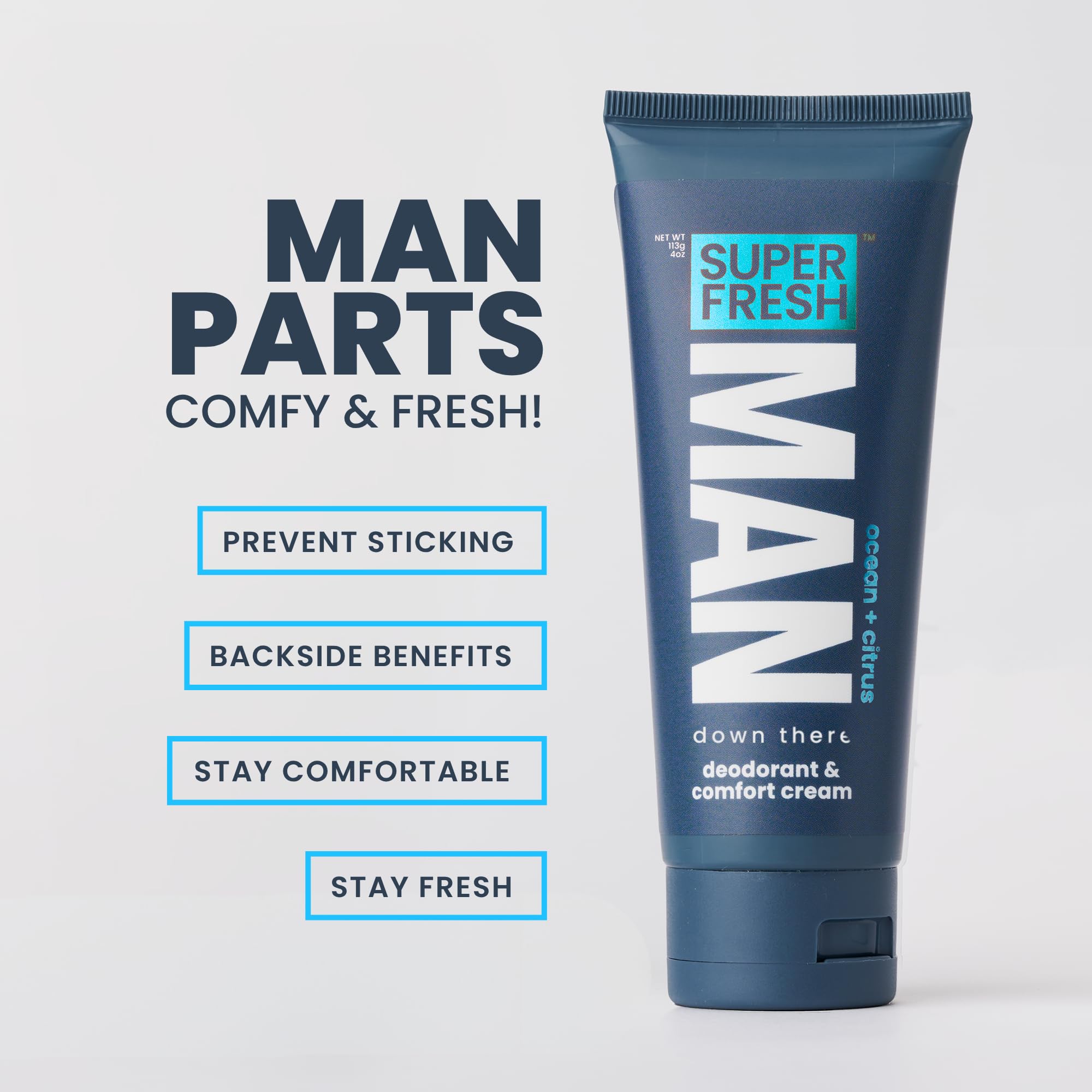 Cuidado genital masculino con Super Fresh Co para comodidad diaria.