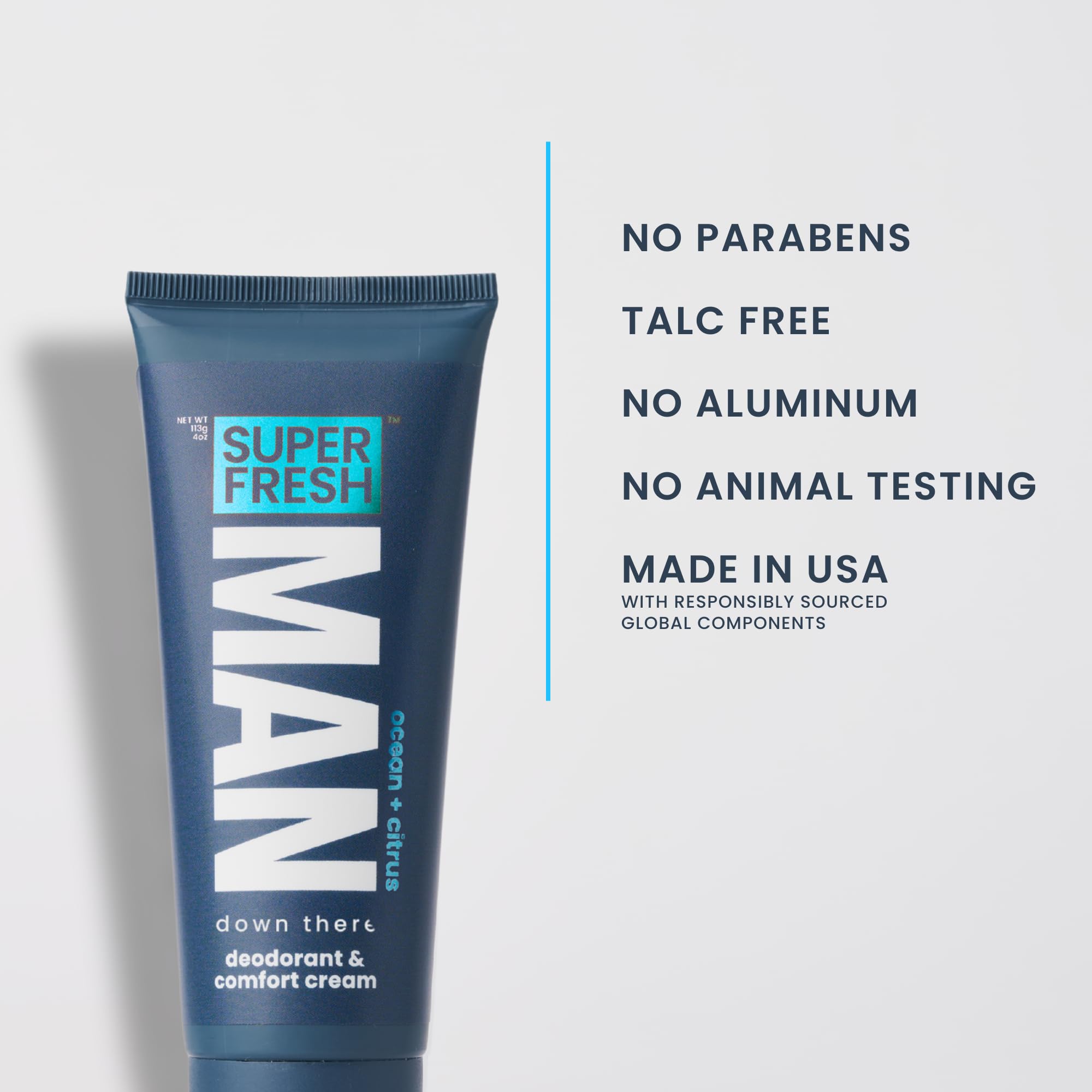 Fórmula de Super Fresh Co sin aluminio ni talco para uso diario.