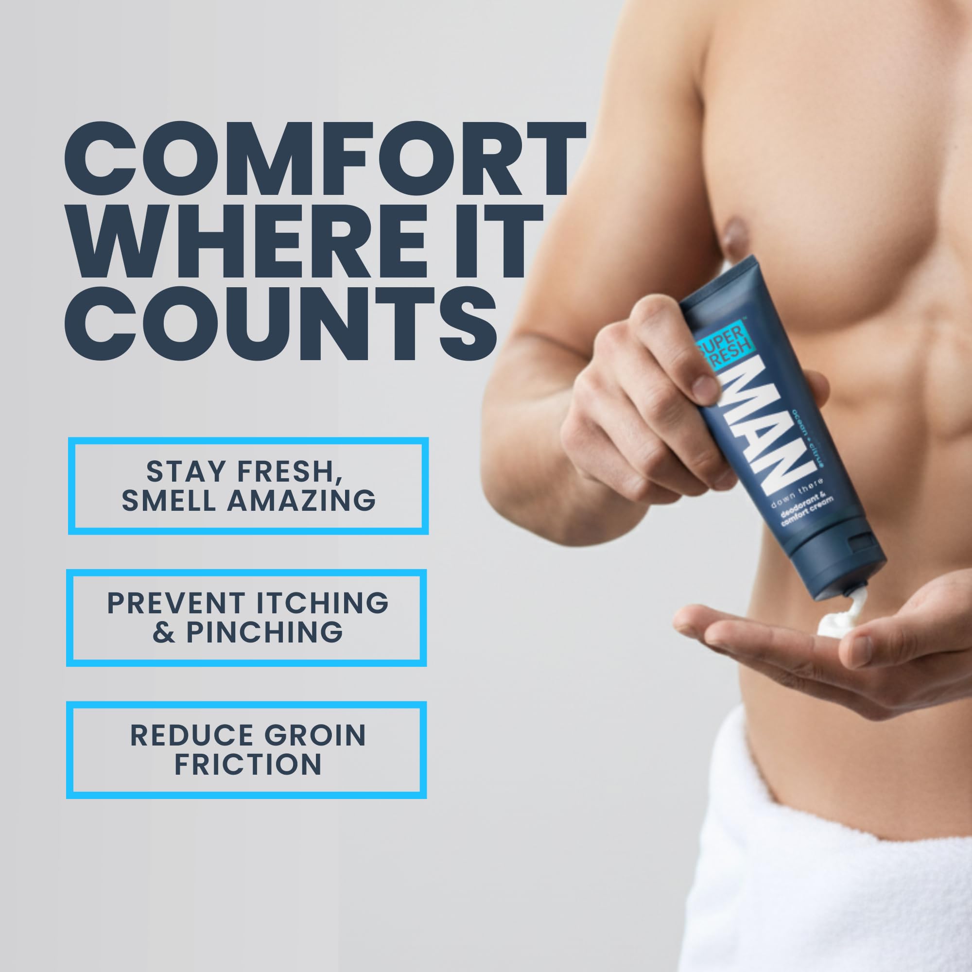 Uso diario de Super Fresh Co para higiene masculina confiable.