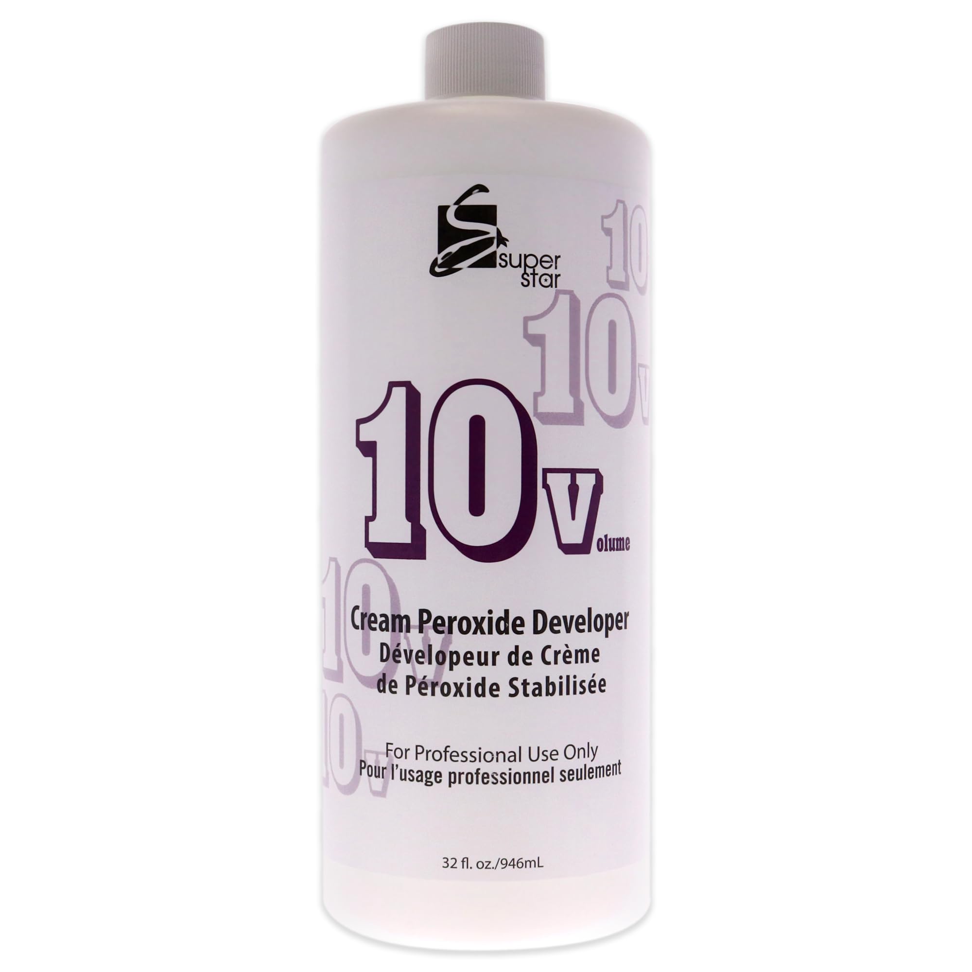 Super Star 10v Cream Peroxide Developer bottle for even color lift and smooth mixing.