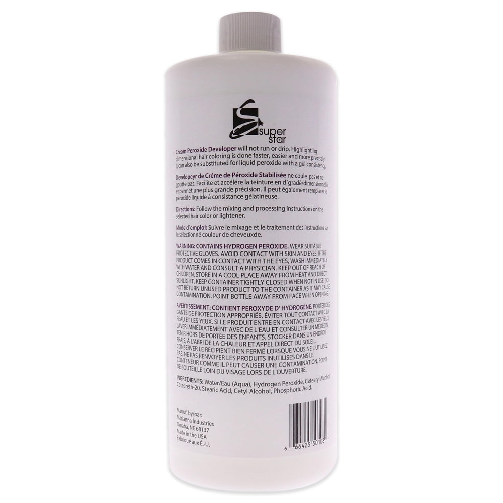 Super Star 10v Cream Peroxide Developer packaging shown, ideal for salon-ready hair color application.