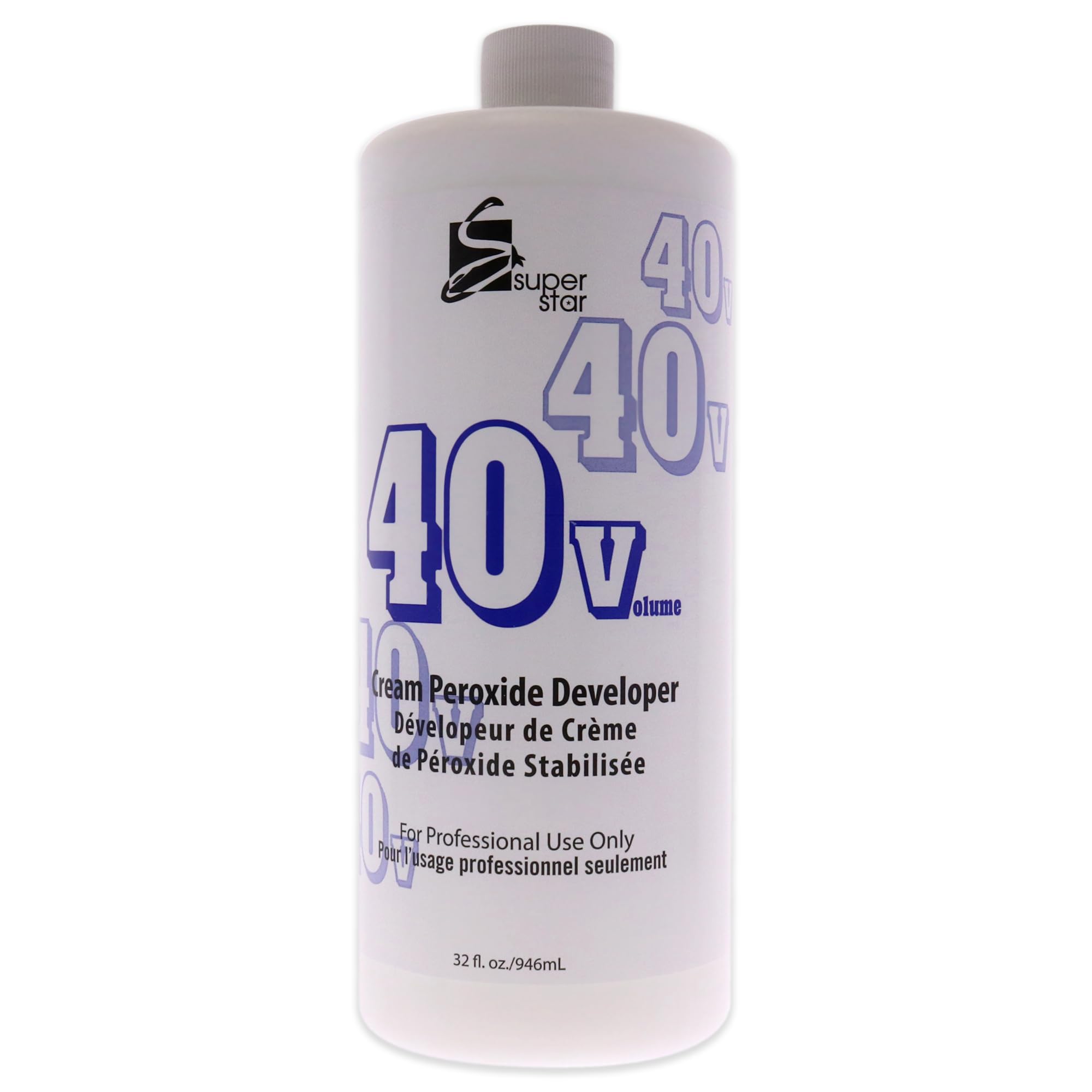 Super Star Cream Peroxide Developer 40 Volume bottle showing gel consistency for even color lift