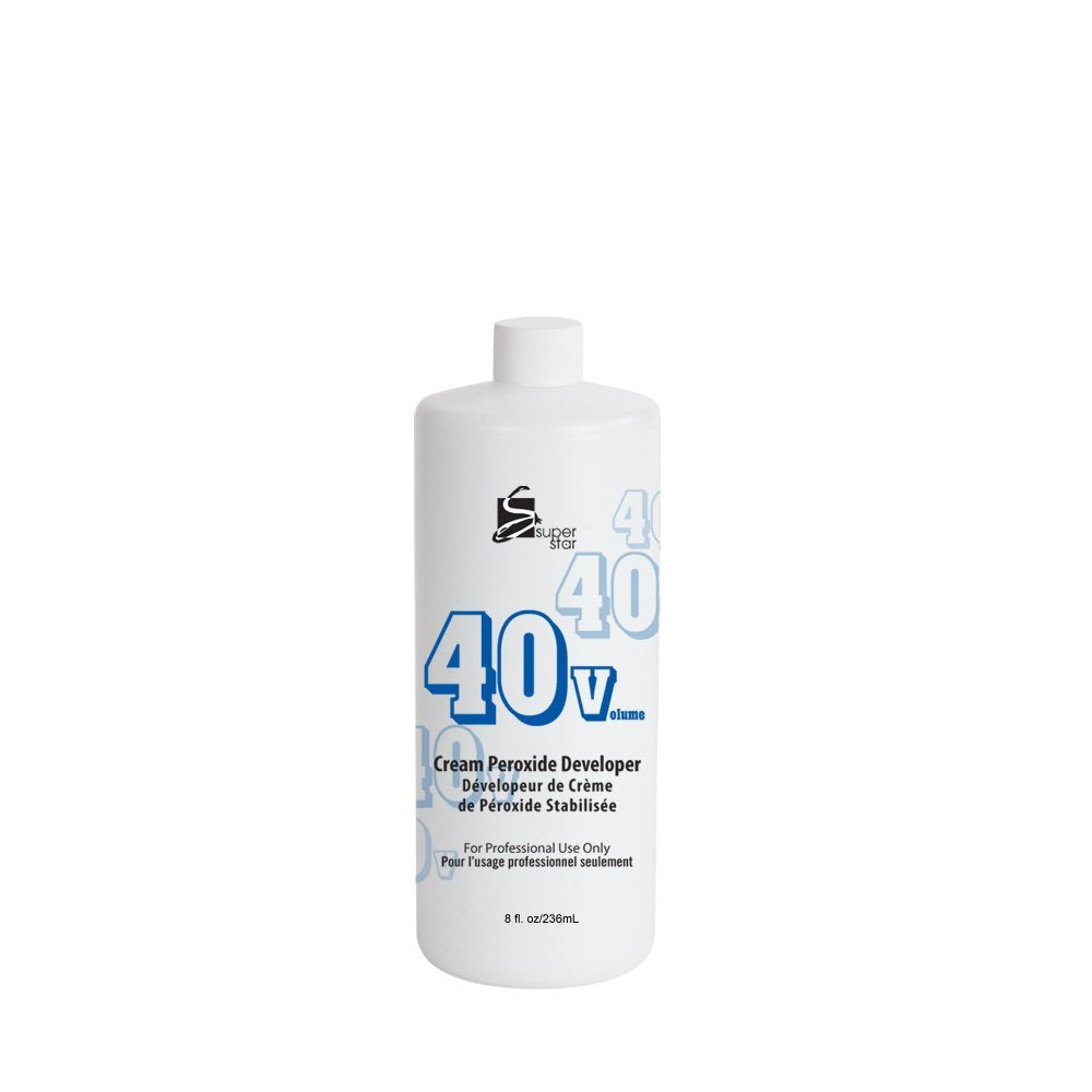 Super Star Stabilized Cream Peroxide Developer 40V bottle for even lift and professional color results.