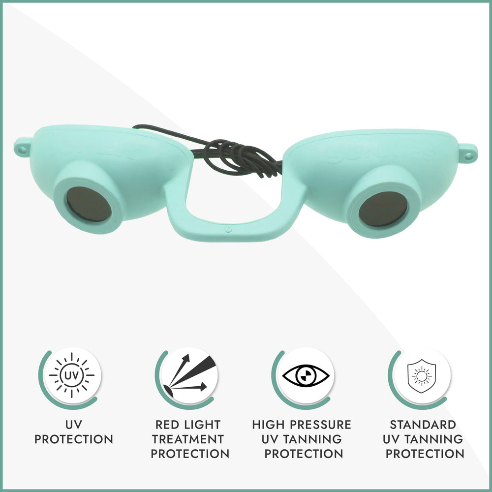 Super Sunnies EVO Flex Teal goggles side profile for secure fit during tanning.