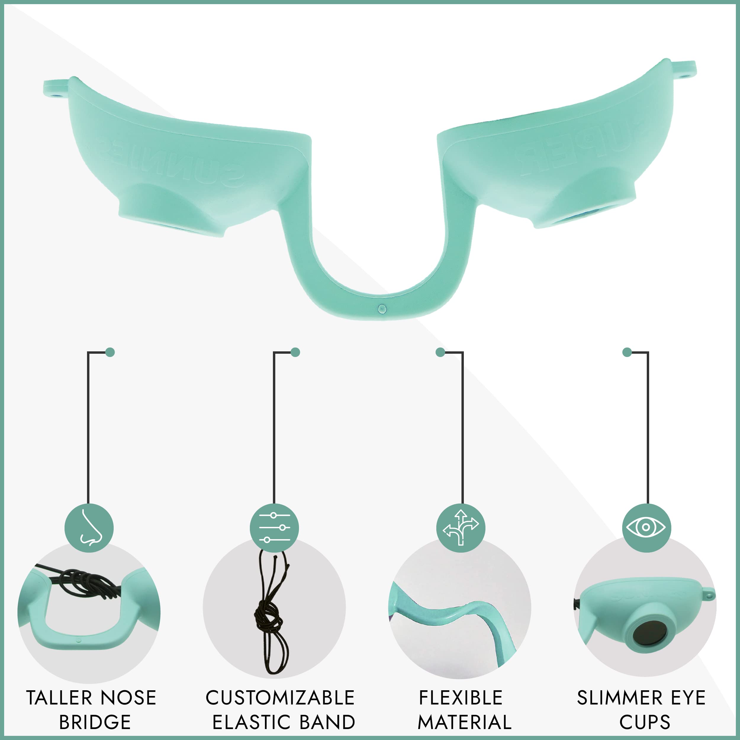Super Sunnies EVO Flex Teal goggles feature taller nose bridge to minimize tan lines.