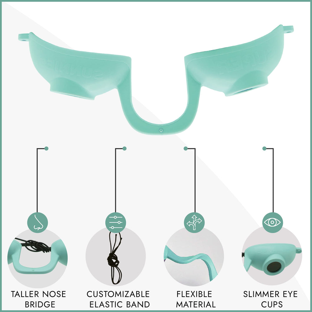 Super Sunnies EVO Flex Teal goggles feature taller nose bridge to minimize tan lines.