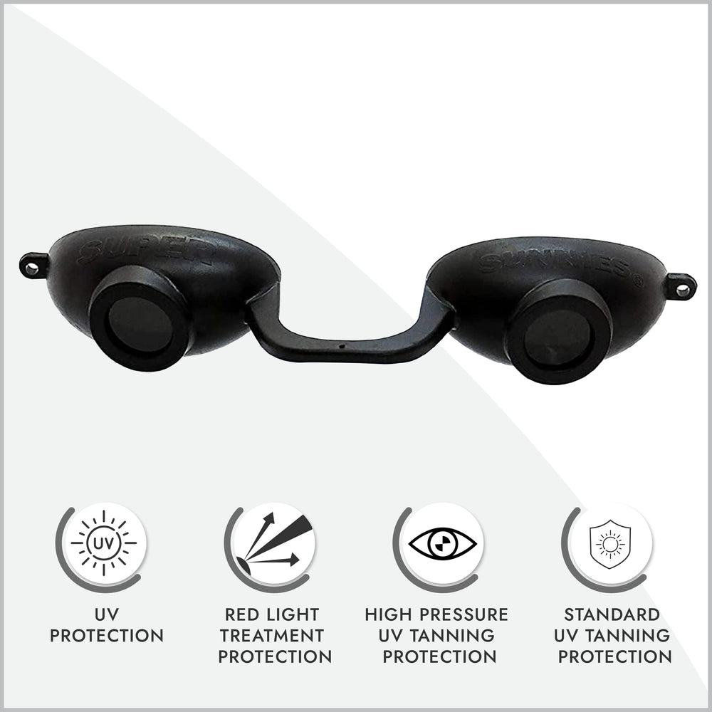 Super Sunnies Evo elastic headband ensures secure fit during tanning sessions.