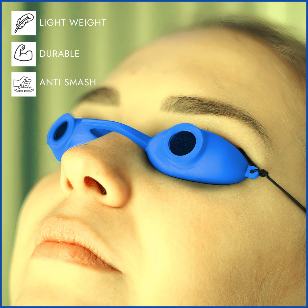 Super Sunnies Evo self-tanner eyewear protects eyes during tanning routines.