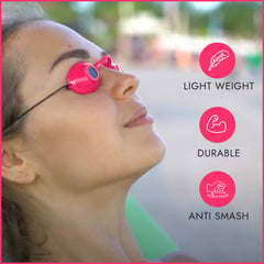 Super Sunnies eyewear protects eyes during red light therapy sessions.
