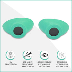 Super Sunnies Slim Flex teal eyeshields side profile show strapless, comfortable fit.