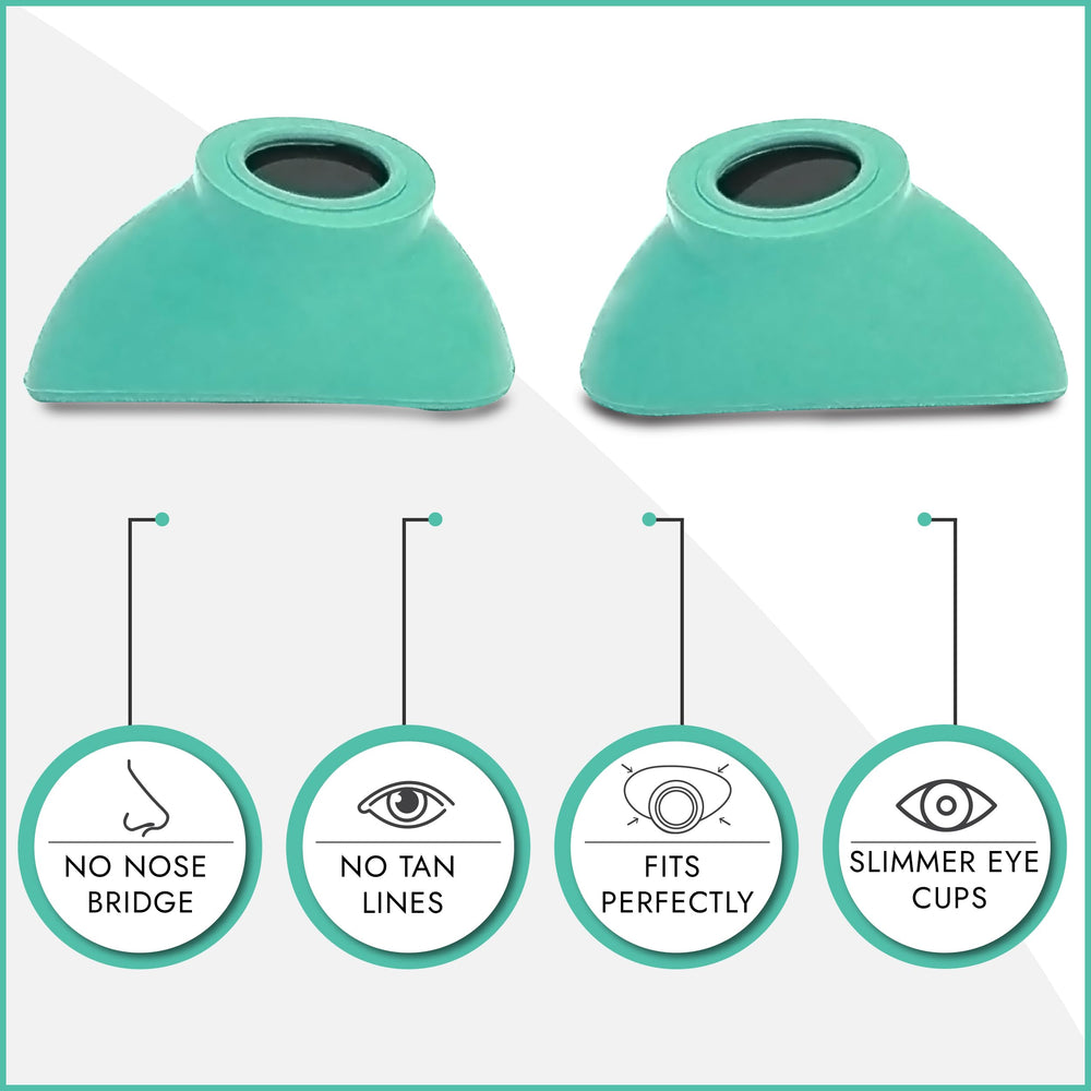 Super Sunnies teal eyecups closeup highlight slim design for precise UV protection.