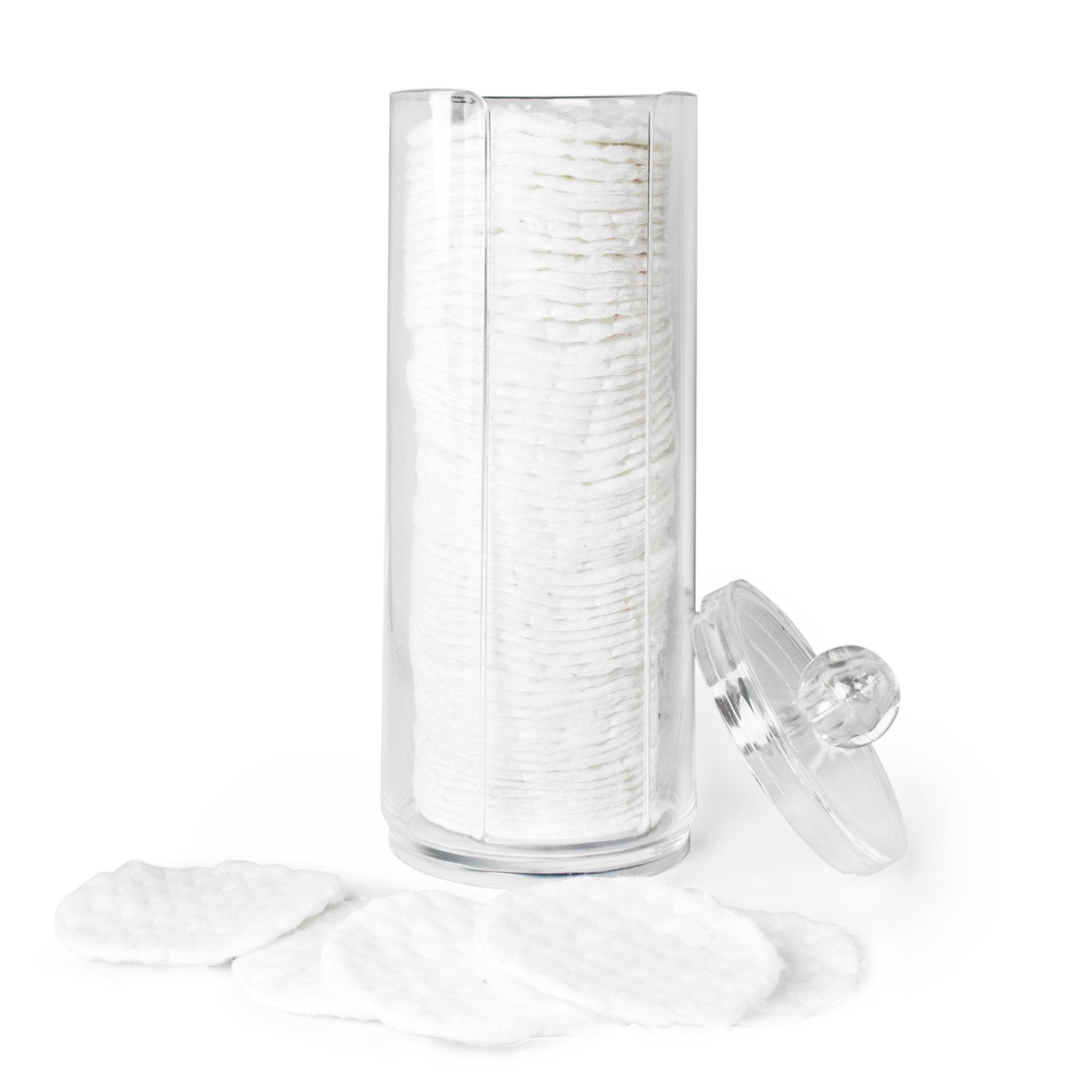 Super Z Outlet cotton pad holder in clear acrylic, front view for organized vanity.